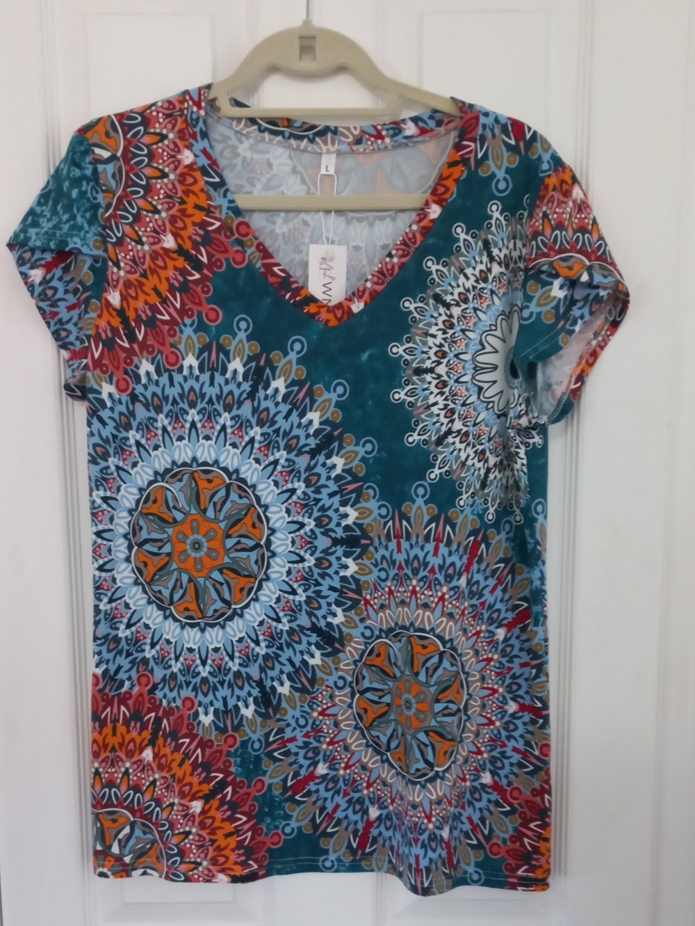 Wneedu Teal Multi-Color V-Neck Short Sleeve Top